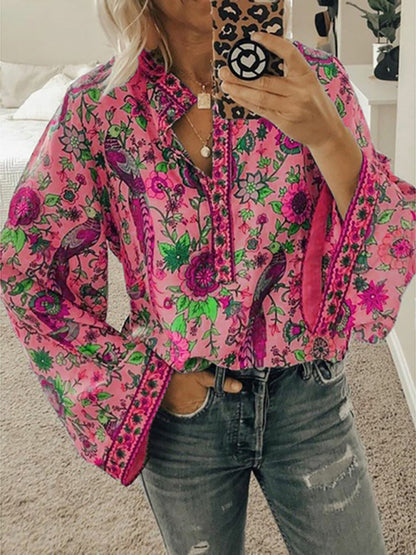 Women's Elegant Floral Print Long Sleeve Loose Buttoned Shirt