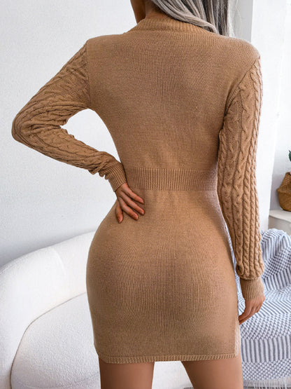 Women's Sexy Hollow Out Fried Dough Twist Waist Ribbed Knit Sweater Dress