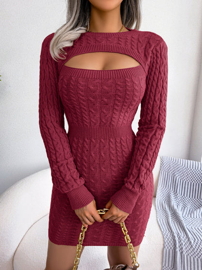 Women's Sexy Hollow Out Fried Dough Twist Waist Ribbed Knit Sweater Dress