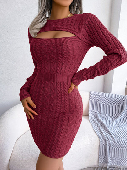 Women's Sexy Hollow Out Fried Dough Twist Waist Ribbed Knit Sweater Dress