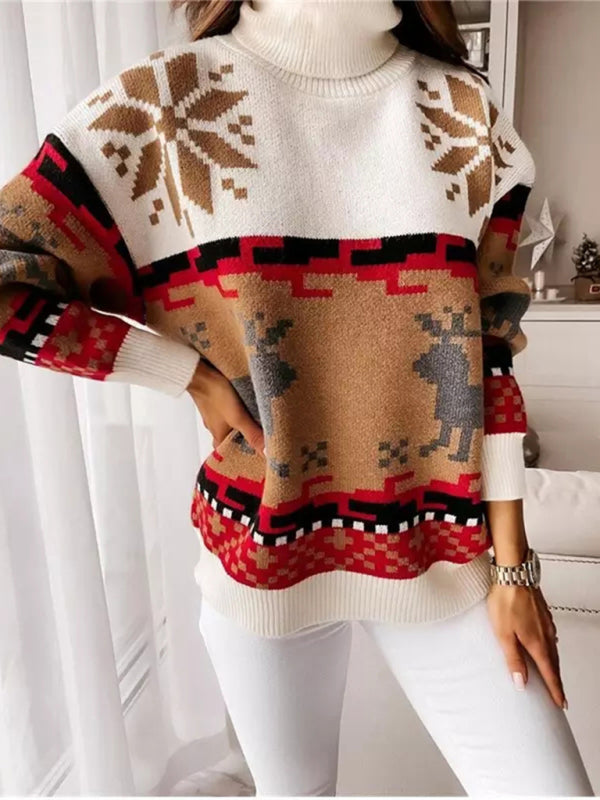 Women's Fall and Winter Holiday Patterned Graphic Knit Long Sleeve Turtleneck Sweater