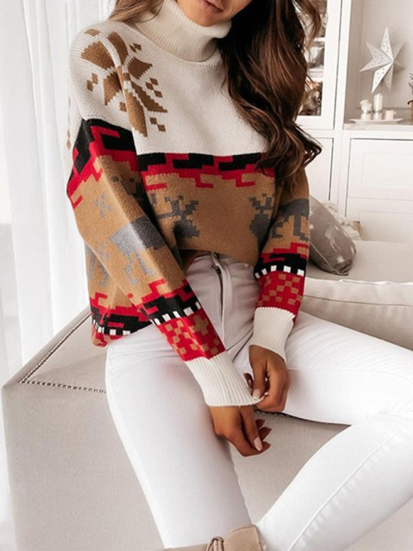 Women's Fall and Winter Holiday Patterned Graphic Knit Long Sleeve Turtleneck Sweater