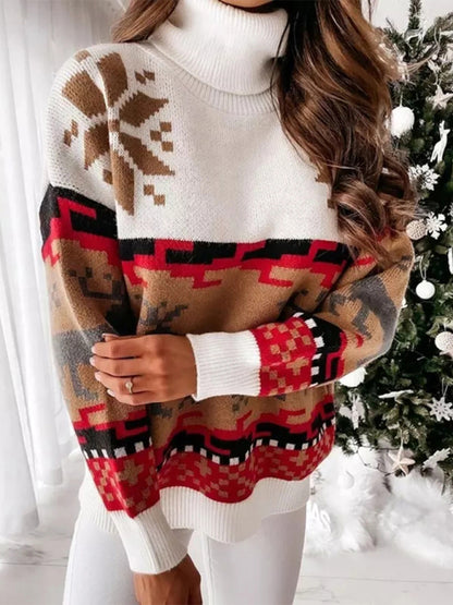 Women's Fall and Winter Holiday Patterned Graphic Knit Long Sleeve Turtleneck Sweater