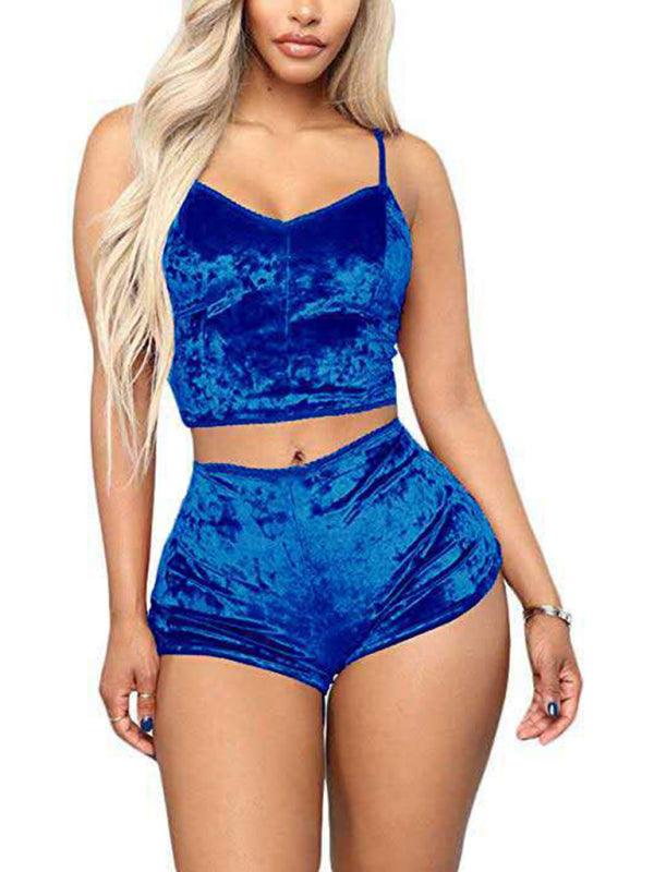 Women's Sexy Intimate Velvet V-Neck Two-Piece Lingerie Loungewear Underwear Set