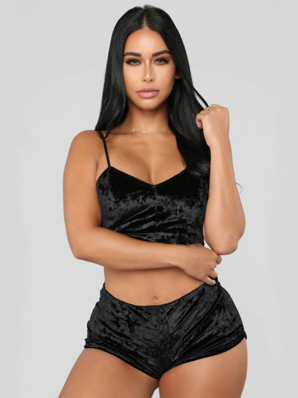 Women's Sexy Intimate Velvet V-Neck Two-Piece Lingerie Loungewear Underwear Set