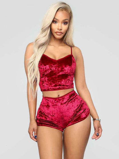 Women's Sexy Intimate Velvet V-Neck Two-Piece Lingerie Loungewear Underwear Set