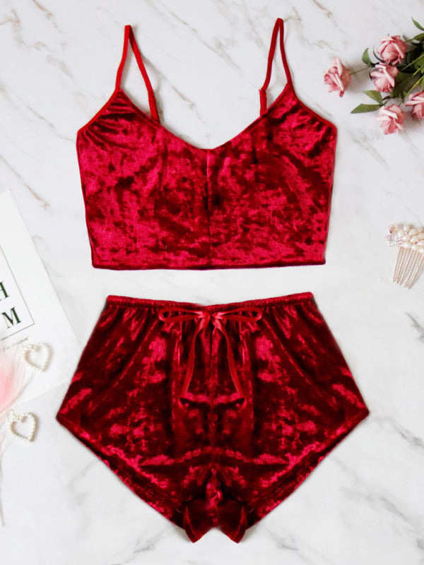 Women's Sexy Intimate Velvet V-Neck Two-Piece Lingerie Loungewear Underwear Set