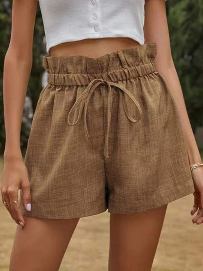 Women's Solid Color High Waist Lace Up Loose Fit Wide Leg Shorts