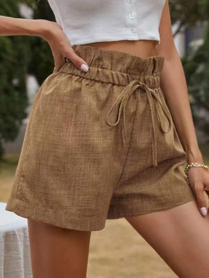 Women's Solid Color High Waist Lace Up Loose Fit Wide Leg Shorts