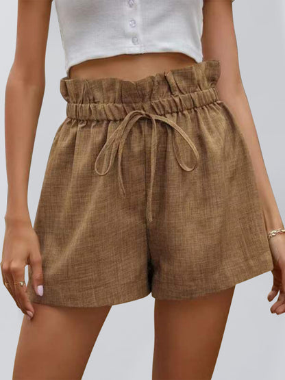 Women's Solid Color High Waist Lace Up Loose Fit Wide Leg Shorts