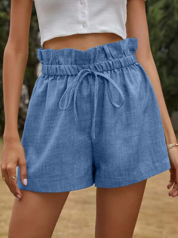 Women's Solid Color High Waist Lace Up Loose Fit Wide Leg Shorts