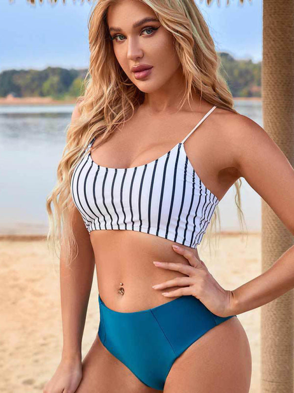 Women's High-Waist Split Contrast Striped Top Beach Bikini