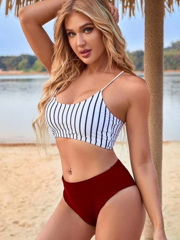 Women's High-Waist Split Contrast Striped Top Beach Bikini