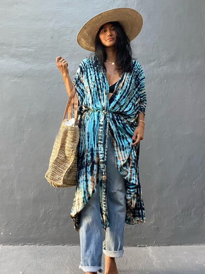 Beach Cover-Up Rayon Tie-Dye Graphic Print Sunscreen Cardigan