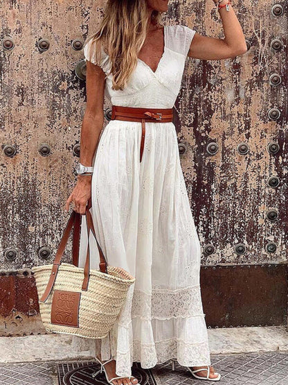 Women's Bohemian V-Neck Long Lace Stitching Elegant Maxi Dress