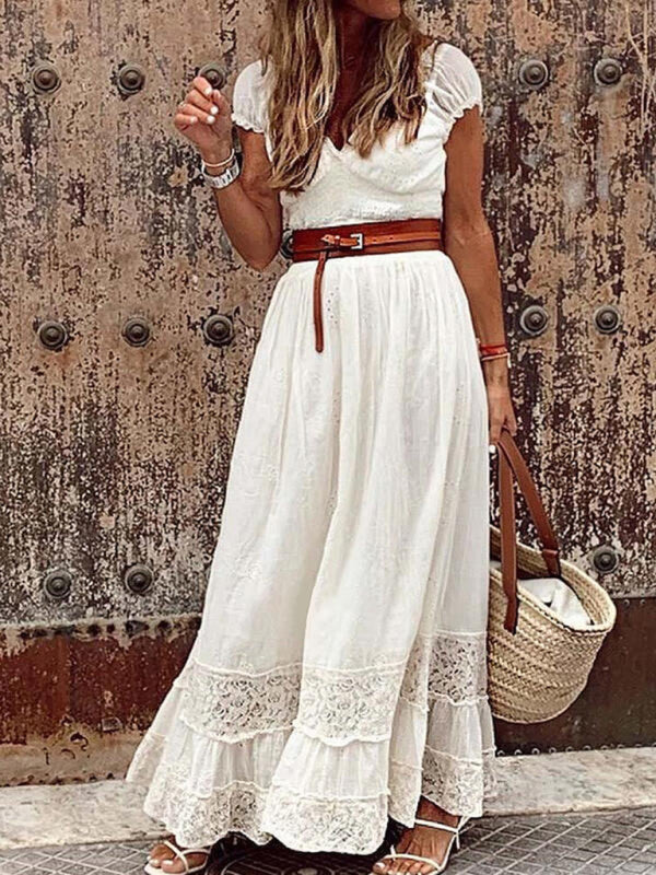 Women's Bohemian V-Neck Long Lace Stitching Elegant Maxi Dress