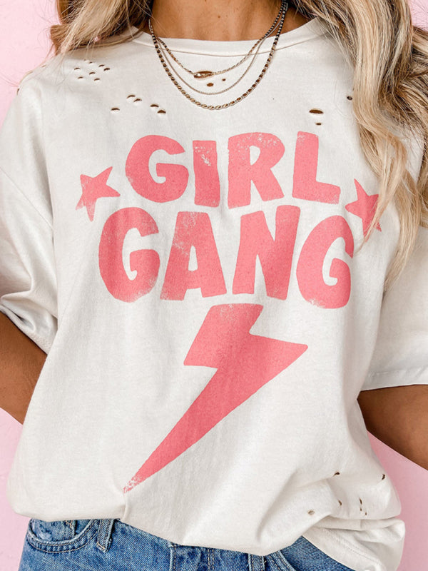 Women's Girl Gang Letter Print Round Neck Short Sleeve Ripped Loose Casual T-Shirt