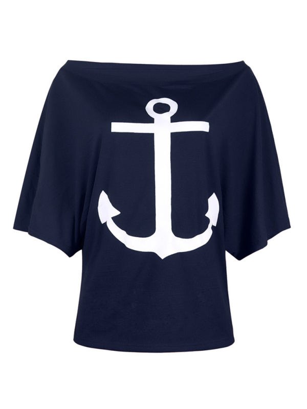 Women's Sea Anchor Graphic Print Casual Off-Shoulder Loose Fit T-Shirt