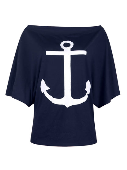 Women's Sea Anchor Graphic Print Casual Off-Shoulder Loose Fit T-Shirt