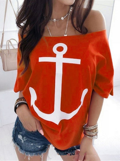 Women's Sea Anchor Graphic Print Casual Off-Shoulder Loose Fit T-Shirt