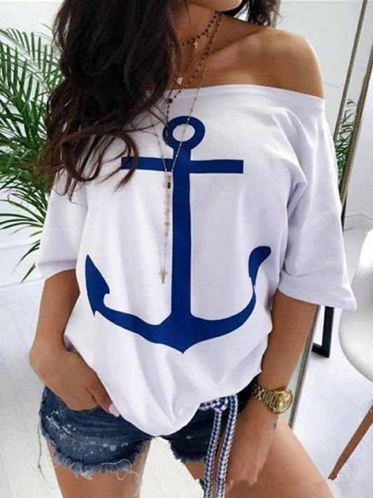 Women's Sea Anchor Graphic Print Casual Off-Shoulder Loose Fit T-Shirt