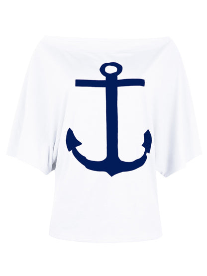 Women's Sea Anchor Graphic Print Casual Off-Shoulder Loose Fit T-Shirt