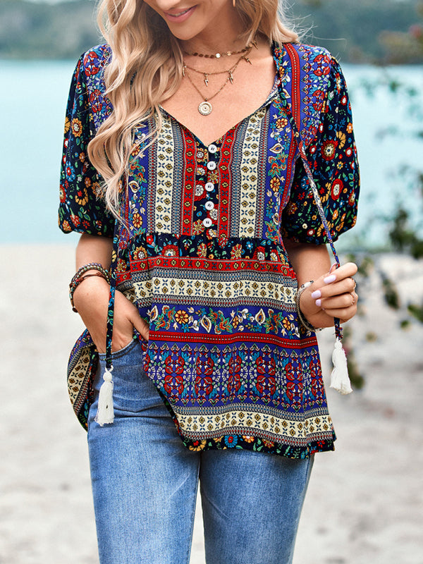 Women's Exotic Bohemian Print Button Up Blouse