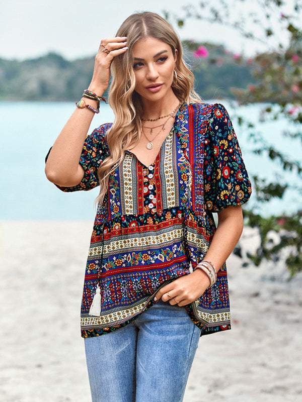 Women's Exotic Bohemian Print Button Up Blouse