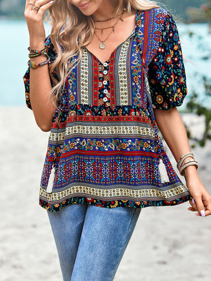 Women's Exotic Bohemian Print Button Up Blouse