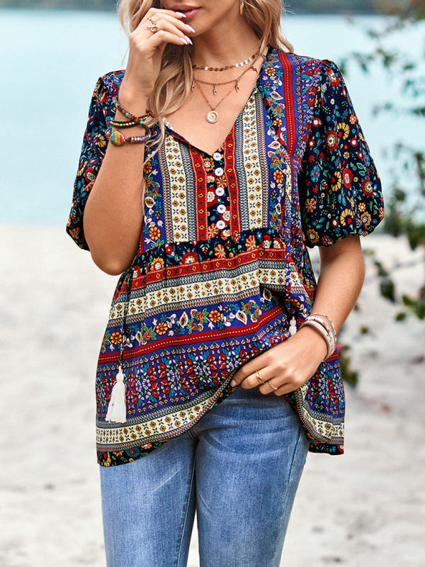 Women's Exotic Bohemian Print Button Up Blouse