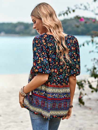 Women's Exotic Bohemian Print Button Up Blouse