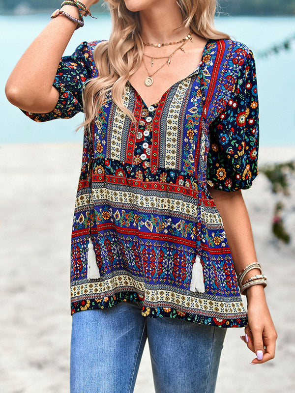 Women's Exotic Bohemian Print Button Up Blouse