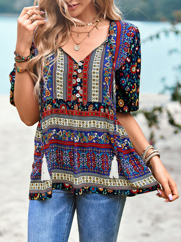 Women's Exotic Bohemian Print Button Up Blouse