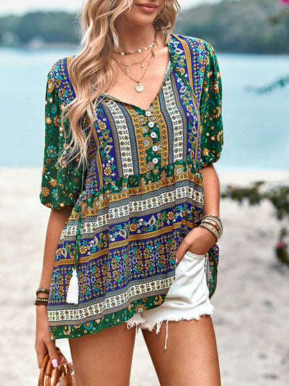 Women's Exotic Bohemian Print Button Up Blouse