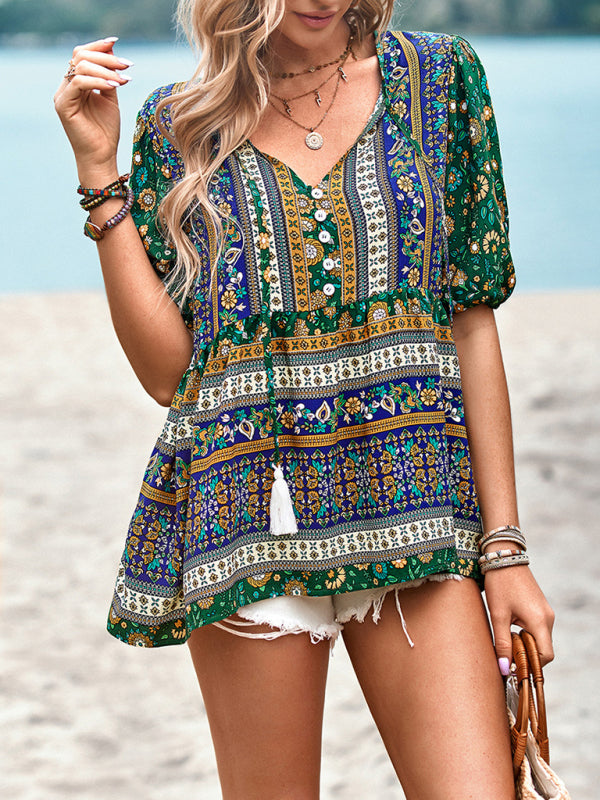 Women's Exotic Bohemian Print Button Up Blouse