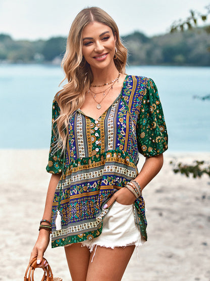 Women's Exotic Bohemian Print Button Up Blouse