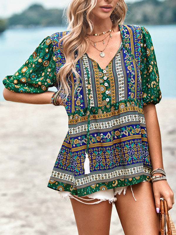 Women's Exotic Bohemian Print Button Up Blouse