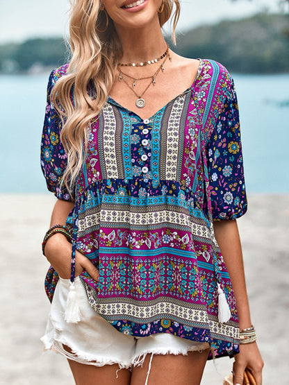 Women's Exotic Bohemian Print Button Up Blouse