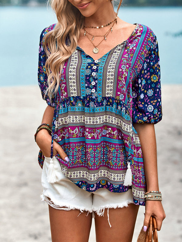 Women's Exotic Bohemian Print Button Up Blouse