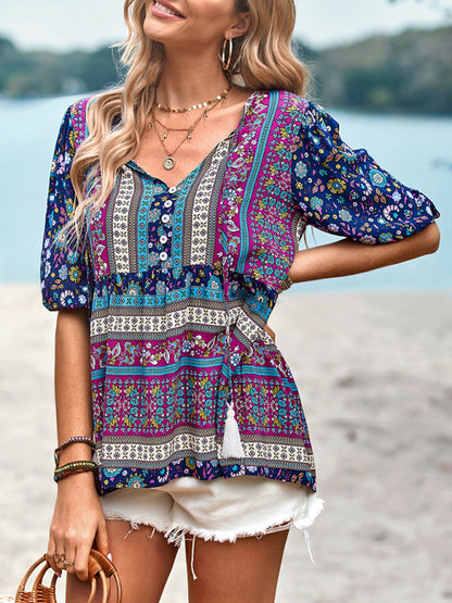 Women's Exotic Bohemian Print Button Up Blouse