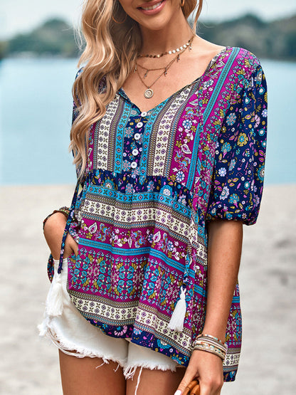 Women's Exotic Bohemian Print Button Up Blouse