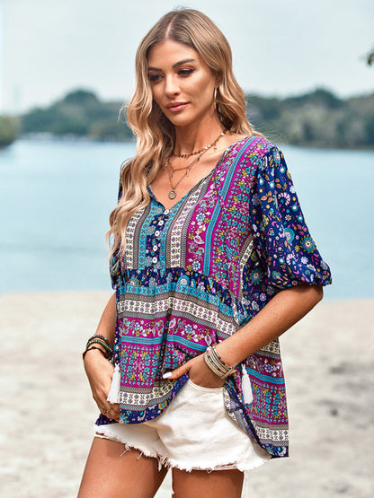 Women's Exotic Bohemian Print Button Up Blouse