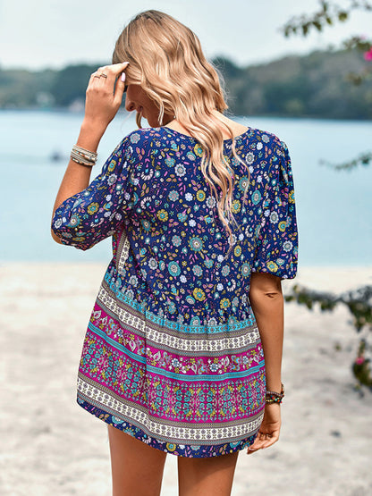 Women's Exotic Bohemian Print Button Up Blouse