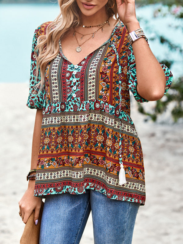 Women's Exotic Bohemian Print Button Up Blouse