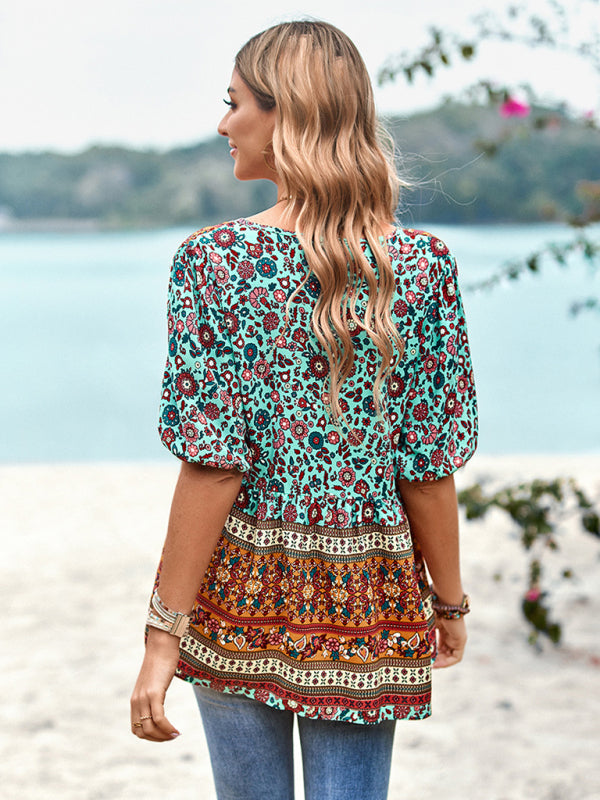 Women's Exotic Bohemian Print Button Up Blouse