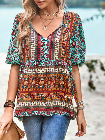 Women's Exotic Bohemian Print Button Up Blouse