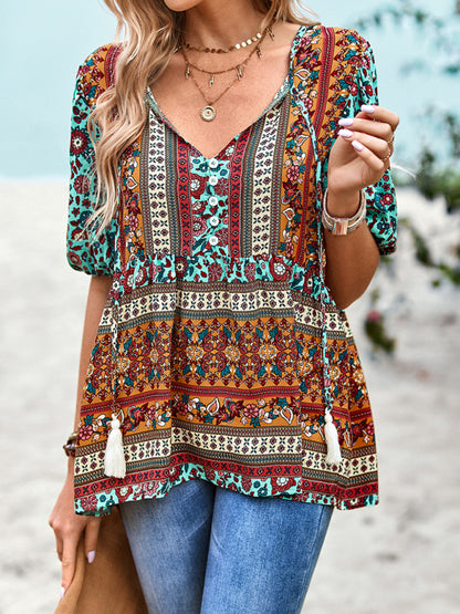 Women's Exotic Bohemian Print Button Up Blouse