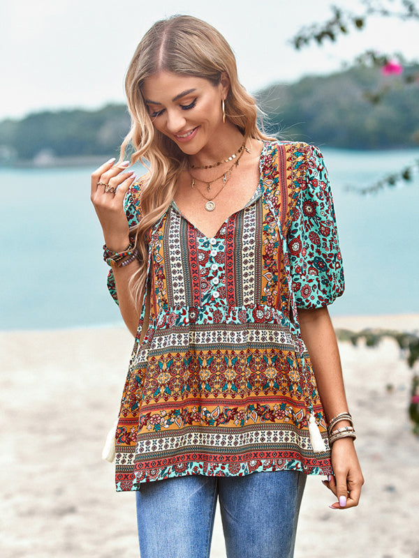 Women's Exotic Bohemian Print Button Up Blouse