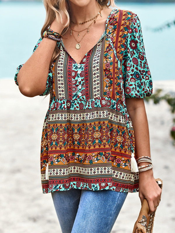 Women's Exotic Bohemian Print Button Up Blouse