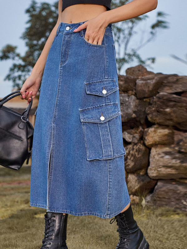 Urban Safari Elastic Waist Denim Cargo Casual Midi Skirt